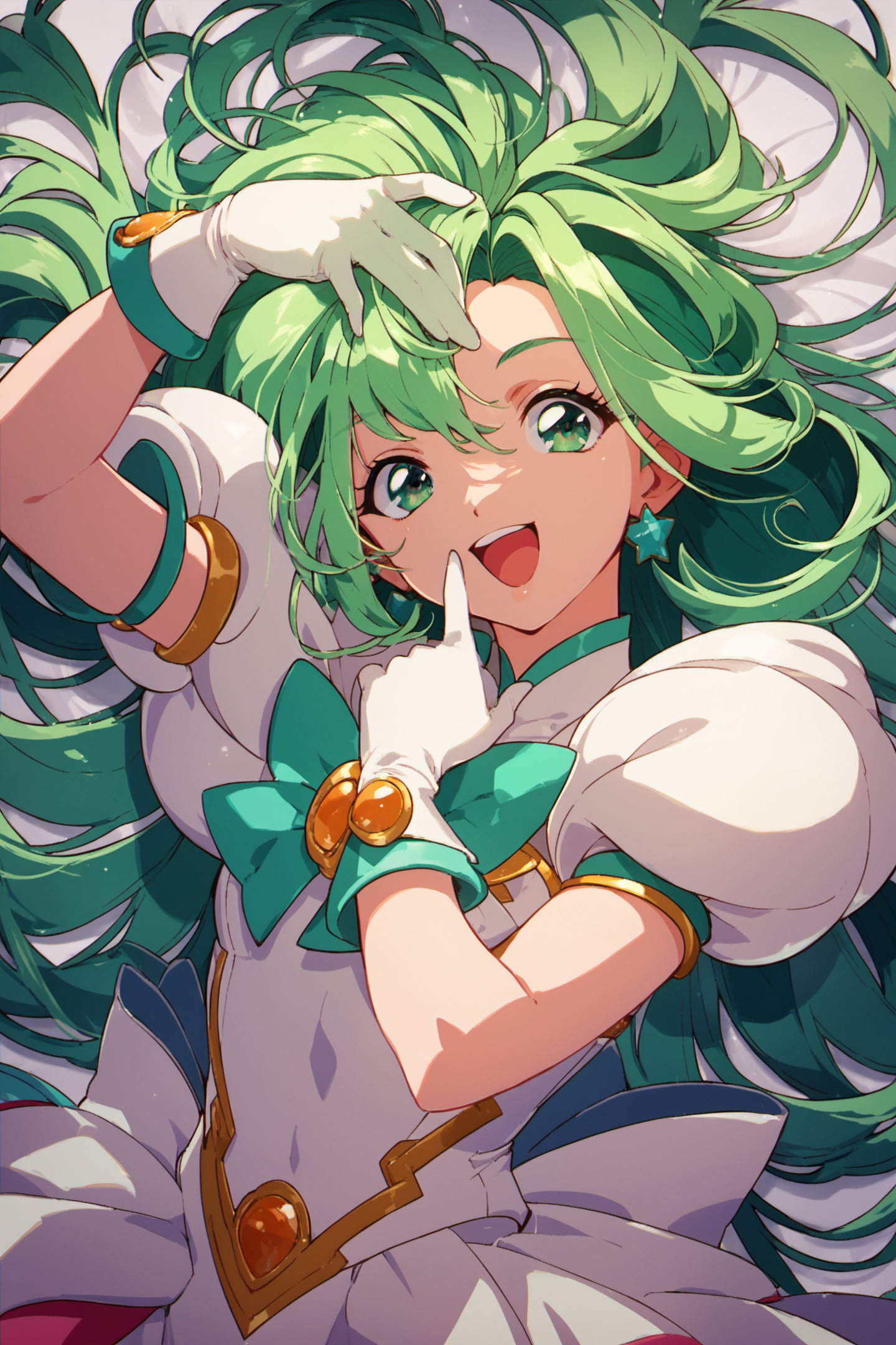 27474-693980879-1girl,gloves,green hair,solo,green eyes,long hair,white gloves,open mouth,smile,jewelry,magical girl,puffy sleeves,score_9,score.png